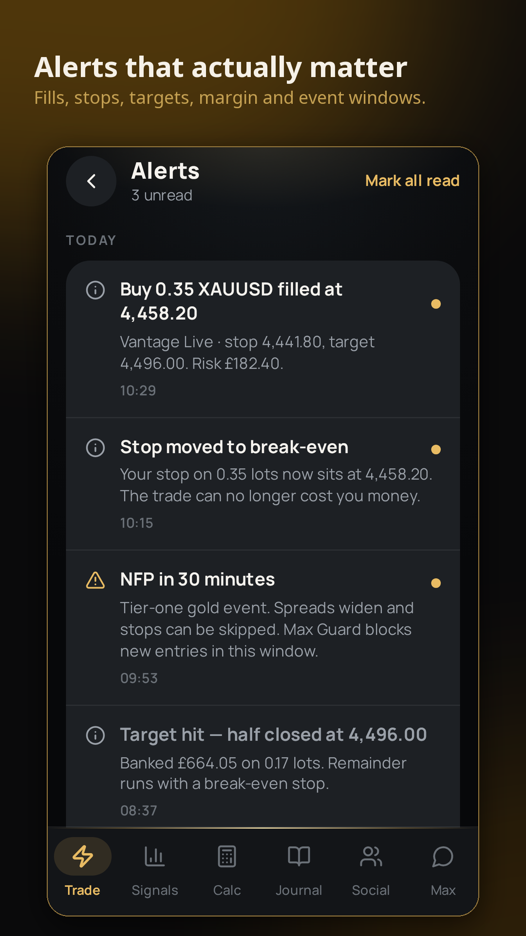 Gold Hunts gold market alerts screen